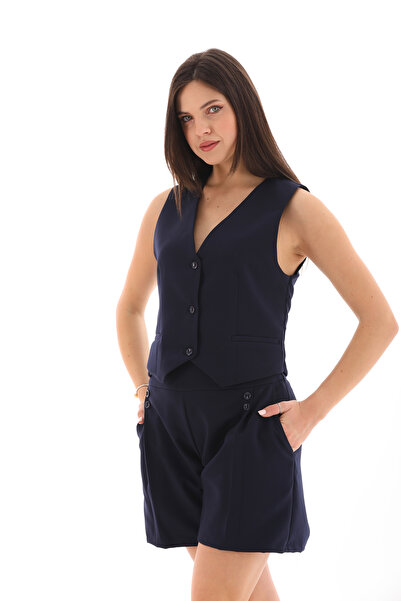 Moda Tuğram Navy Blue Vest and Shorts Set - Buttoned