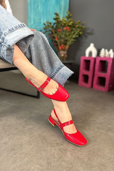 SHOEBELLAS Paxon Red Patent Leather - Double Buckle Detailed Women's Ballerinas