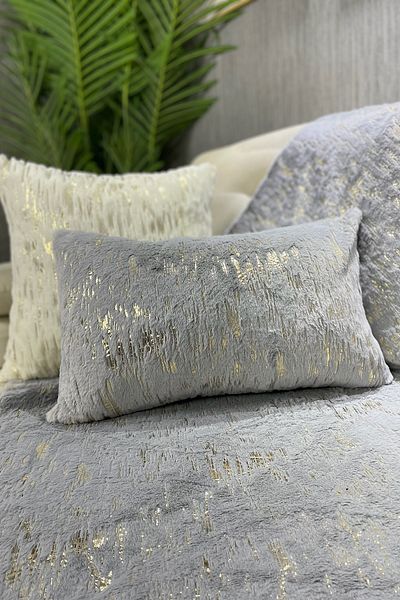 Paris Life Light Gray Rabbit Plush Gold Foil Printed Sofa Cover and Shawl