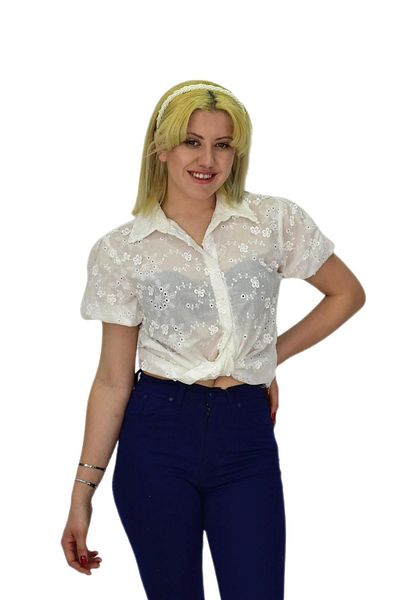 HİSSET Bluză de damă brodată - cu mânecă scurtă, BGL-ST0371