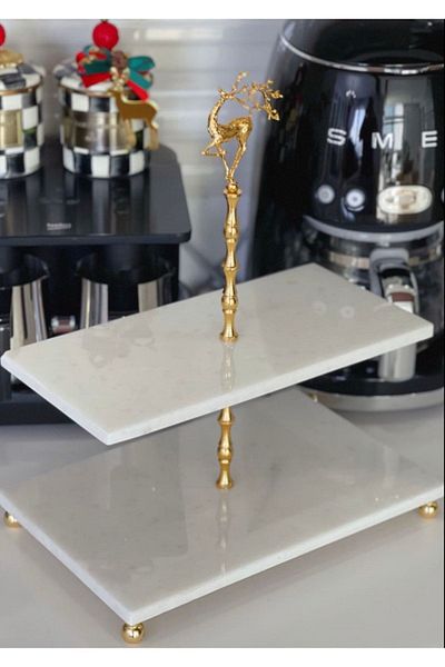 ege gross Natural Marble 2-Tier Decorative Marble Stand - Gold Deer Detailed