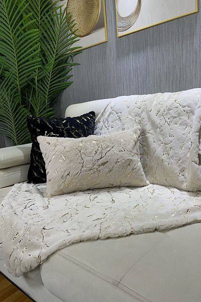 Paris Life Rabbit Plush Cream Marble Patterned Sofa Cover and Shawl - Gold Foil Printed