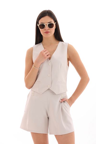 Moda Tuğram Beige Vest and Shorts Set - Buttoned Design