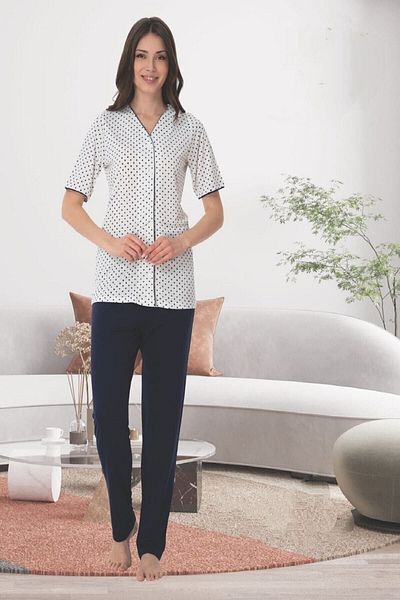 CT MODA Navy Blue Polka Dot Plus Size Pajama Set - Long Sleeve, Buttoned Front