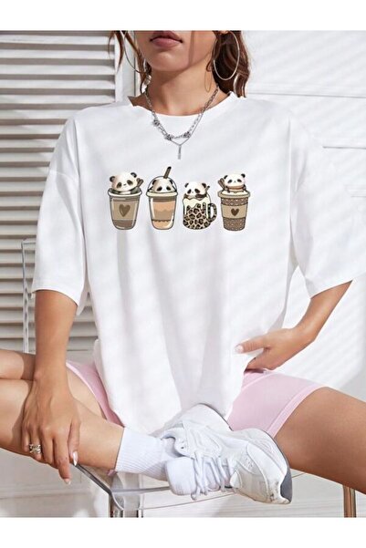 CLASSY.MODA تي شيرت أبيض كبير الحجم مطبوع - رقبة دائرية، كم قصير