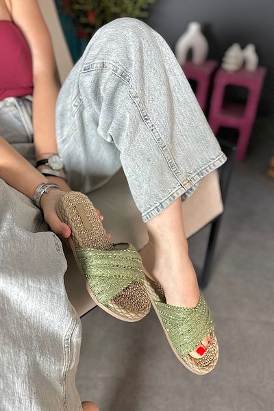 SHOEBELLAS Riri Green Straw Women's Slippers - Cross Stone Detailed
