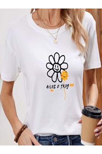 CLASSY.MODA Μπλουζάκι με λευκή στάμπα Oversize - Crew Neck, κοντό μανίκι