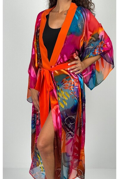 Socrates AURORA  Kemerli  Geniş  Kollu  Uzun  Yakma İpek  Kimono