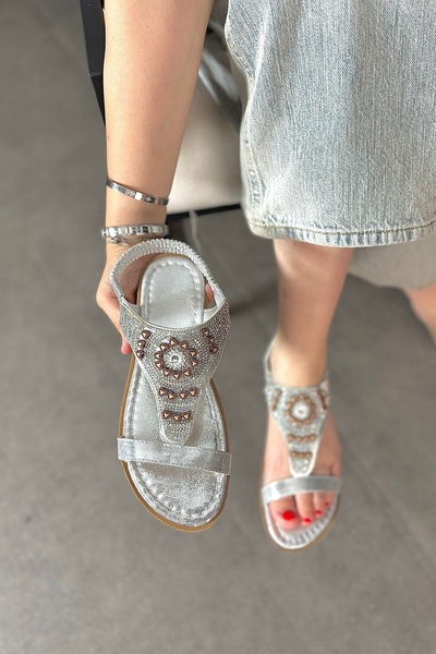 SHOEBELLAS Elwood Silver Colored Women's Sandals - Bead Detailed