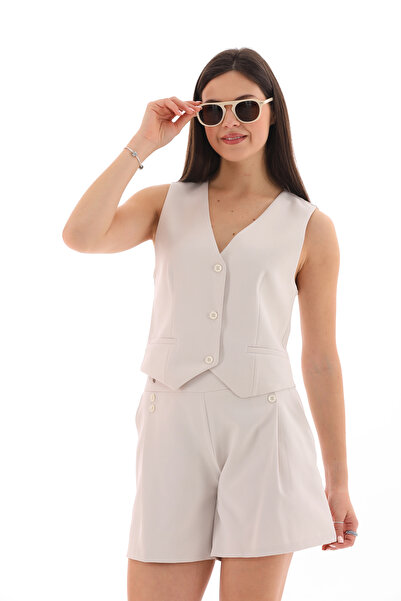 Moda Tuğram Beige Vest and Shorts Set - Buttoned Design
