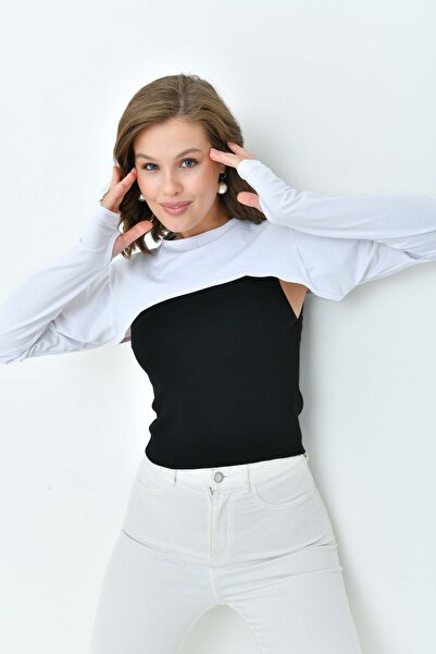 mirach Beyaz Bisiklet Parmaklı Tesettür Boyunluk | Uzun Kollu Kolluklu Body Bluz Bolero Rahat Tasarım