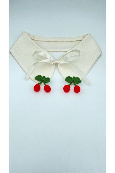 White Alamode Kiraz Motifli Krem Keten Yakalık