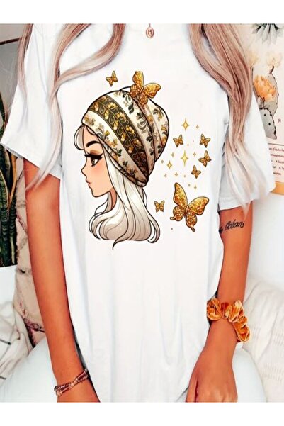 CLASSY.MODA تي شيرت أبيض كبير الحجم مطبوع - رقبة دائرية، كم قصير