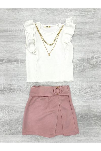 misskids Set of Attachable Necklace and Ruffle T-Shirt and Shorts Skirt