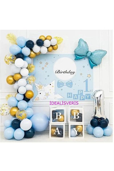 Bkmc 1 Year Old Blue Bow Luxury Baby Balloon Box Set - Foiled Birthday Celebration