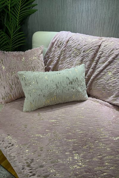 Paris Life Gold Foil Printed Rabbit Plush Sofa Cover and Shawl - Powder