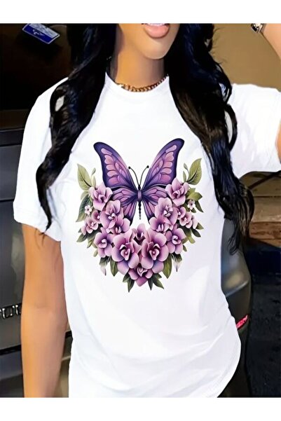 CLASSY.MODA Μπλουζάκι με λευκή στάμπα Oversize - Crew Neck, κοντό μανίκι