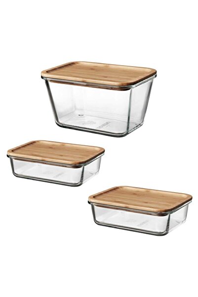 IKEA 3 Parça Bambu Kapaklı Vakumlu Cam Saklama Kabı 1 Adet 1.8 Lt Ve 2 Adet 1 Lt