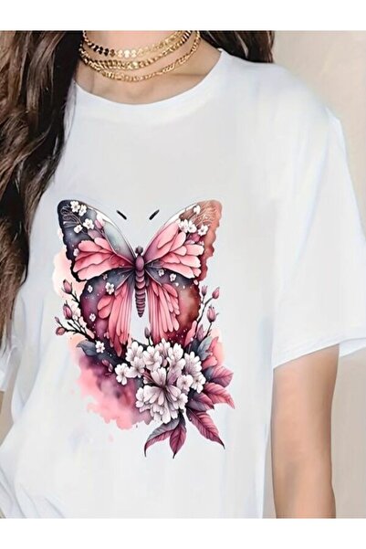 CLASSY.MODA تي شيرت أبيض كبير الحجم مطبوع - رقبة دائرية، كم قصير