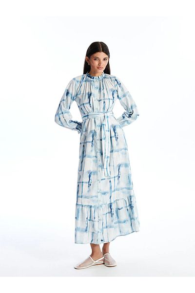 LC Waikiki Women's Stand Collar Long Sleeve Patterned Shirt Dress - LCW Modest WAIKINAİ