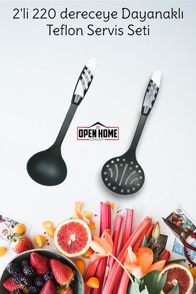 Open Home Concept 220° Durable White Teflon Serving Set - 2-Piece Fireproof Non-Stick Colander and Ladle