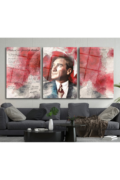 duvarsanatı Atatürk İstiklal Marşı ve Gençliğe Hitabe Üçlü Set Cam Tablo, Modern Ofis Hediyelik Büyük Tablo
