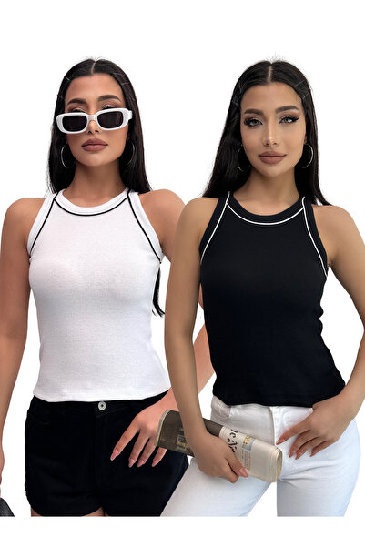 Chicup Crno-bela rebrasta pletena bluza - paket od 2 komada, halter izrez, pr...