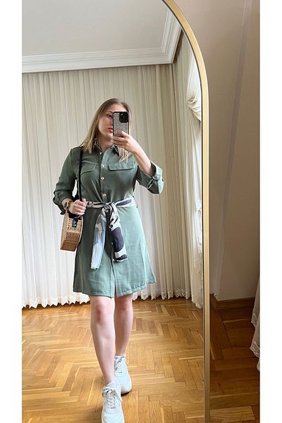 Flow Khaki Shirt Dress with Shawl Detail on the Waist