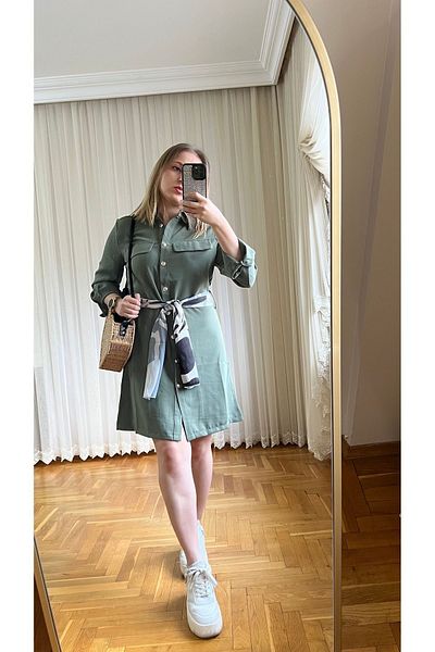 Flow Khaki Shirt Dress with Shawl Detail on the Waist