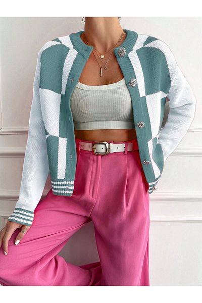 Puella Women's Knitwear Cardigan Bone Knitwear Cardigan Green Knitwear Cardigan Geometric Patterned Knitwear Cardigan