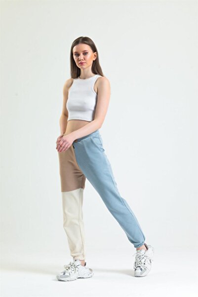 pulur.co Gök Mavisi Parçalı Lastikli Jogger Eşofman Altı