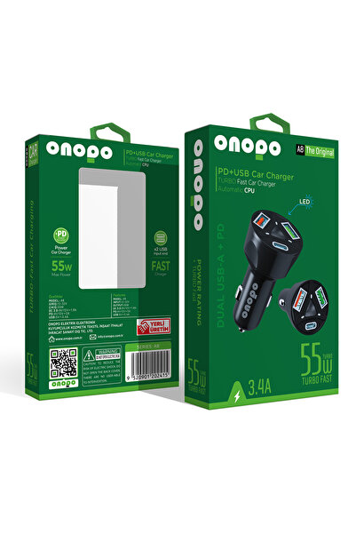 3.4A Type-C (PD) ve Çift USB Girişli Turbo Hızlı Araç Şarjı 55W - A8