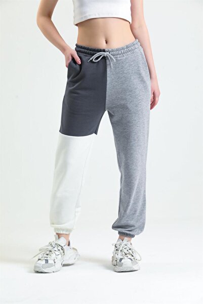 pulur.co بنطال رياضي مرن من مزيج الألوان باللون الرمادي