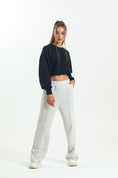 pulur.co بنطال رياضي بيج بخصر عالٍ وأرجل واسعة