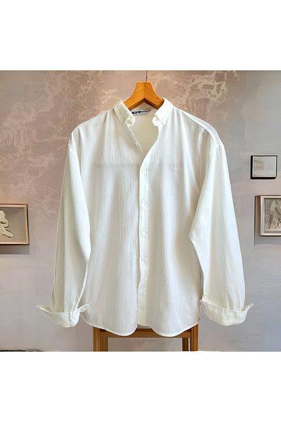 Hazhers Men's Oversize Linen Shirt - Long Sleeve, Shirt Collar