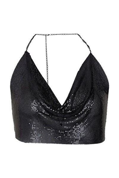 Veille Crystal Stone Detailed Armor Metal Degaje Collar Women's Blouse and Busitier