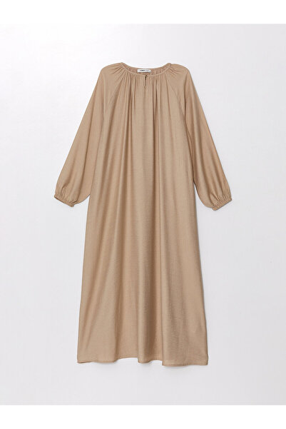 LC Waikiki Γυναικείο μακρυμάνικο φόρεμα LCW Linen Look Crew Neck