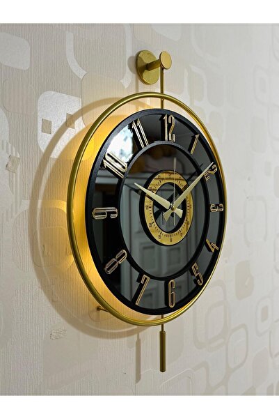 Pey Aksesuar Metal Camlı Duvar Saati Işıklı Gerçek Cam Duvar Saati Modern Tasarım