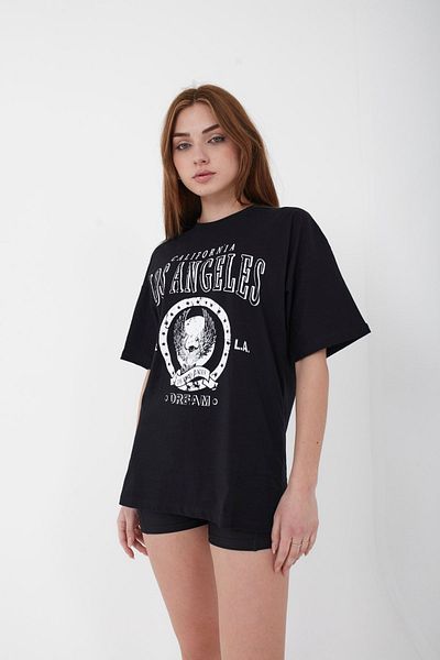 Mad&Calf Unisex Oversize Μαύρο μπλουζάκι με στάμπα Los Angeles