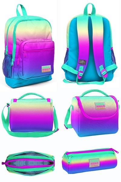 Coral High Color Transitional Four Compartment School Backpack Lunch Bag Pencil Bag