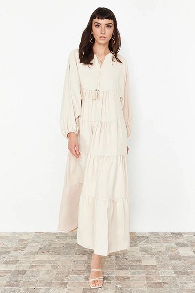 Trendyol Modest Φόρεμα με μπεζ φούντα Λεπτομερές Υφαντό Φόρεμα TCTSS24EB00260
