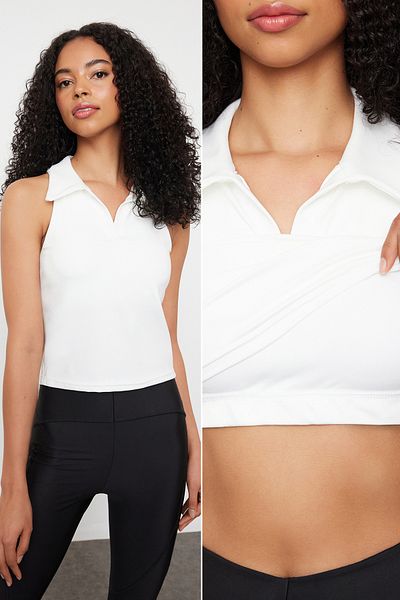 Trendyol Collection White Restorer Sport σουτιέν 2 επιπέδων με εσωτερικό μαξιλαράκι πόλο γιακά πλεκτό Sport Top/Bluz THMSS24BZ00014