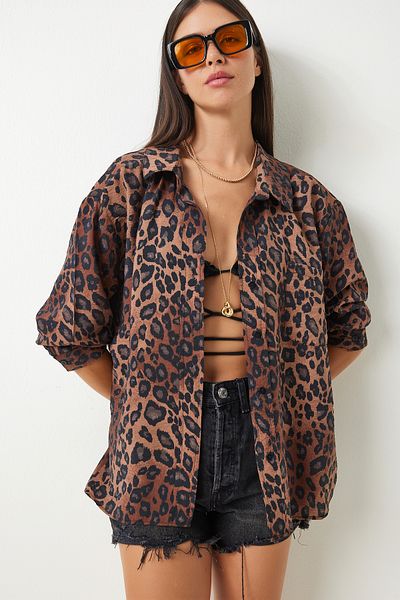 Happiness İstanbul Černá béžová dámská košile oversize s leopardím vzorem - KT00010