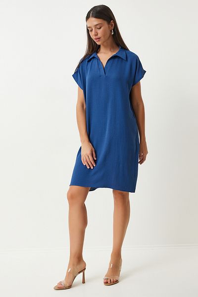 Happiness İstanbul Navy Blue Linen Polo Collar Summer Dress - TO00138