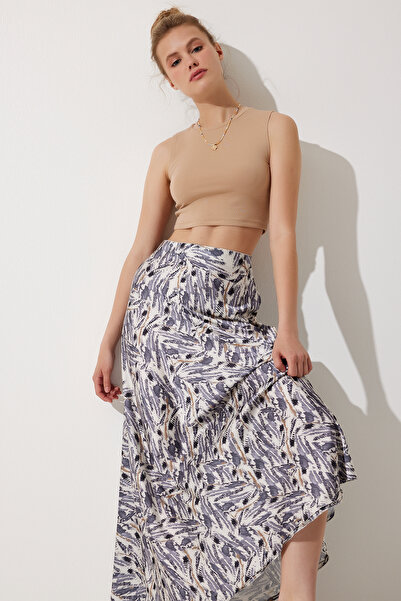 Happiness İstanbul Satin Women's Skirt - Gray Beige Patterned, Surface DD01320
