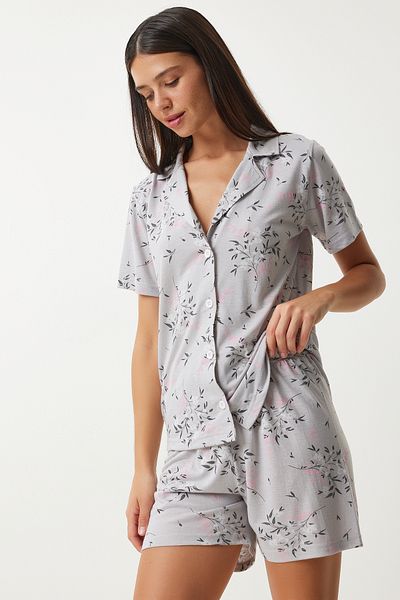 Happiness İstanbul Viscose Patterned Gray Shorts and Shirt Pajama Set - EC00044