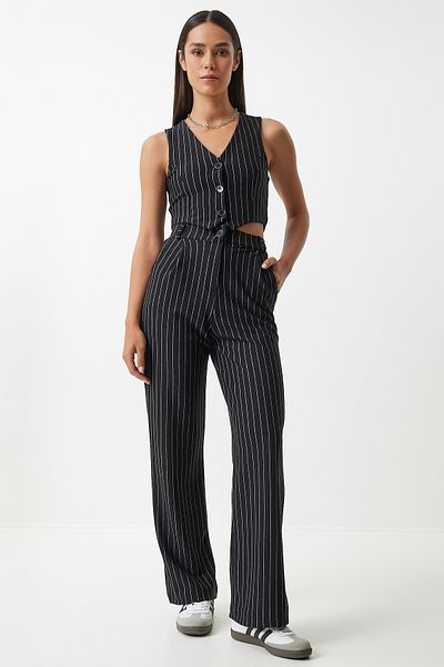 Happiness İstanbul Fekete Pinstripe női kötött mellény és nadrág szett - MC00287