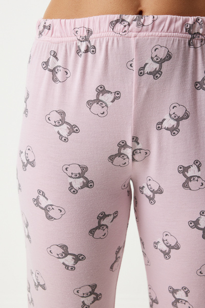 Happiness İstanbul Dámské světle růžové vzorované viskózové kalhoty Tričko Pyžamo Set EC00046