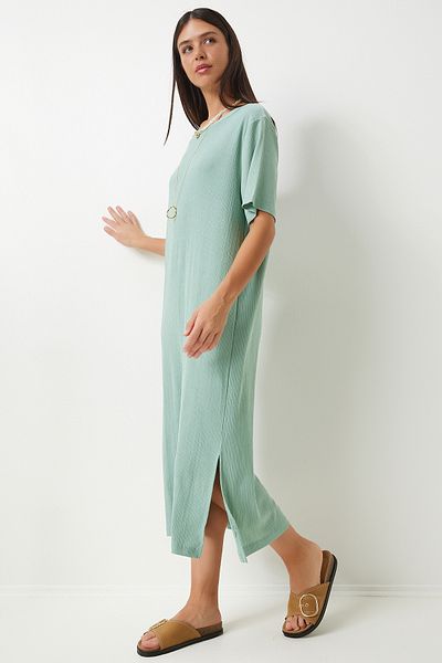 Happiness İstanbul Grünes Strickkleid für Damen - Lockere Passform, Lässig, Lang Dz00076