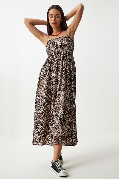 Happiness İstanbul Black Beige Leopard Print Viscose Strap Dress - UB00287